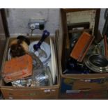 Two boxes of miscellaneous ceramics, glass and metalwares etc including framed pictures,
