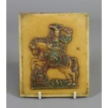 A coloured wax portrait miniature of a European nobleman on horseback.