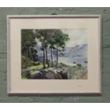 Walter J Roberts framed watercolour distant lakes and mountains.