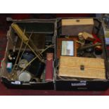 Two boxes of miscellaneous metalwares and carved wooden items and boxes to include folding music