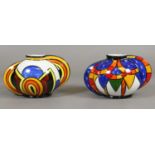 Two Brian Wood Art Deco style orb vases decorated in coloured enamels,