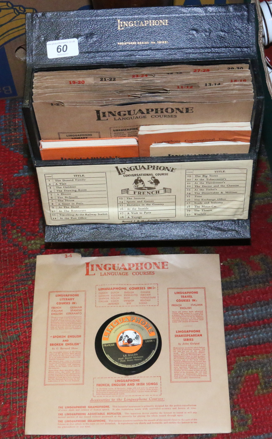 A cased set of linguaphone language course 78s; French.