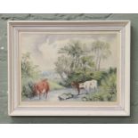 R. B. Close. A framed watercolour depicting cattle in a river landscape 1969.