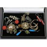 A box of vintage silver jewellery etc including coral earrings, soda syphon charm,