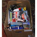 A box Scalextric track, cars and accessories, some cars boxed and including digital pit lane etc.