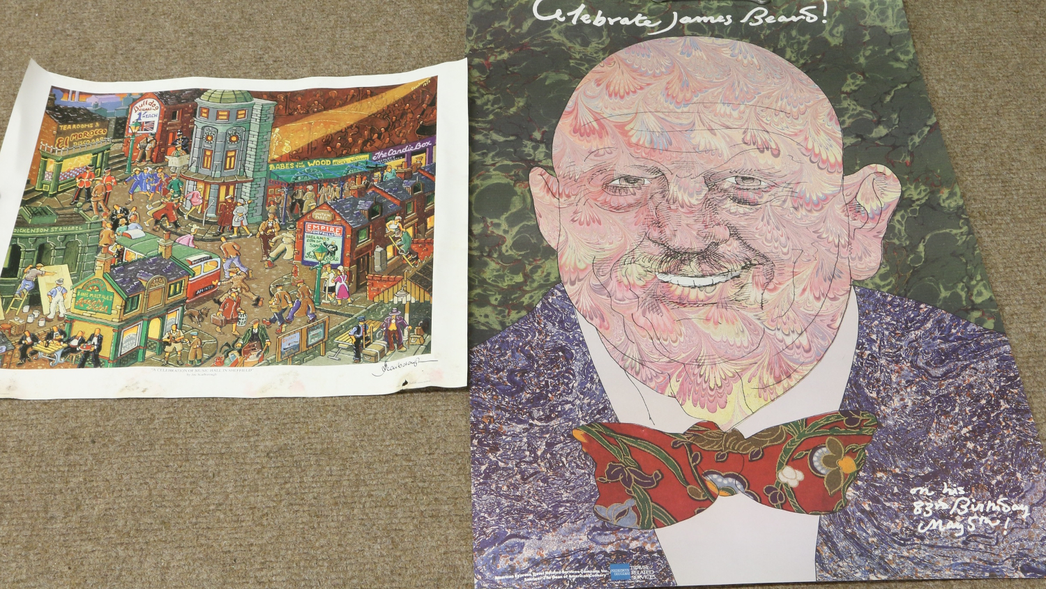 An unframed Milton Glaser poster c1986 celebrate James Bears and an unframed limited edition Joe