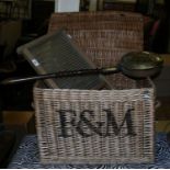 A Fortnum and Mason wicker basket and contents of a vintage glass rubbing board,