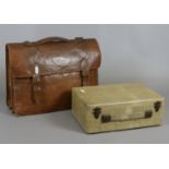 A vintage snakeskin and leather satchel and a small vintage case with faux snakeskin covering.