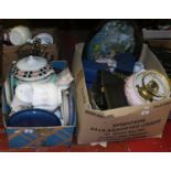 Two boxes of assorted pottery, china and glass etc including fireside companion set,