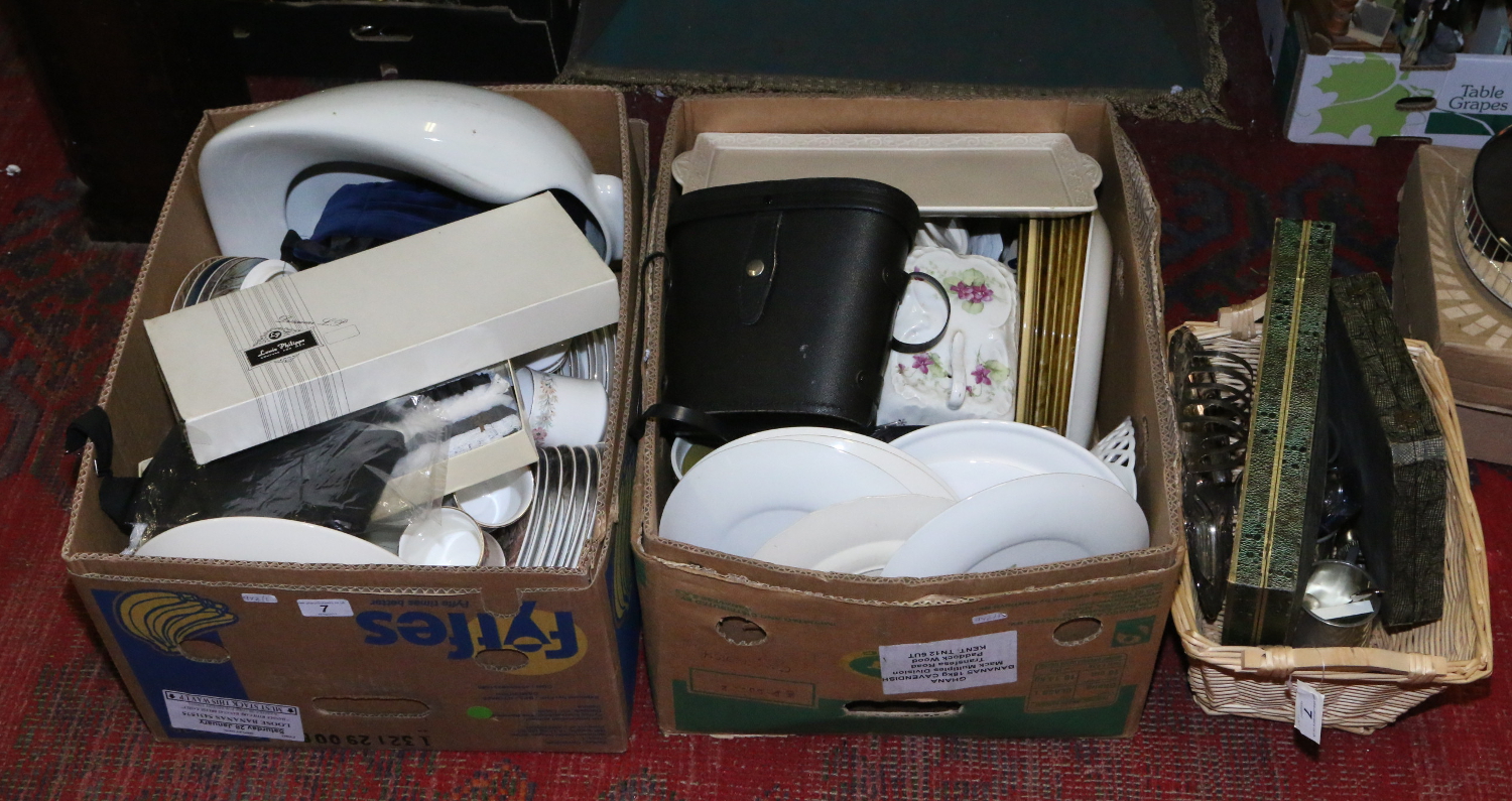 Two boxes and a basket of miscellaneous ceramics, glass and metalware to include Crown Devon tray,