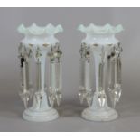 A pair of Edwardian vaseline glass lustres with cut glass droplets,