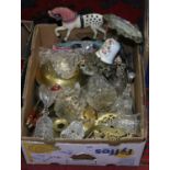 A box of mixed metal and glassware to include painted iron horse door stop, brass wall plaques,