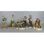 Five Capodimonte figures, various studies including a clown, tramp and a three part band.