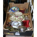 A box of collectables including silver items, photograph frames scent bottles, copper moulds,