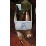 A box of copper wares to include jug, kettle, stomach warmer etc.