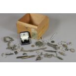 A box of assorted Scottish and silver jewellery including hardstone brooches, citrine bar brooch,