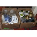 Two boxes of miscellaneous including glasswares, Whitefriars style vases, Royal Crown Derby,