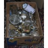 A box of mixed silver plate and glass including horderves dish, rose bowl and toast rack etc.