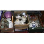 Three boxes of mixed ceramics, metalwares and glasswares to include Carltonware, cottage ware,