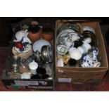 Two boxes of mixed ceramics, metalware and glassware to include Wade, Wedgwood,