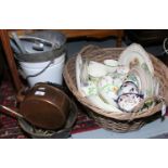 A basket of teawares includes Masons, Burslem etc along with a quantity of metalwares,