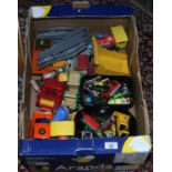 A box of childrens toys including vintage Diecast cars, Lesney and Matchbox etc.
