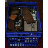 A box of collectables wooden items and metalwares etc including 1950s mantel clock,