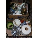 Two boxes of miscellaneous including a brass oil lamp base, cut glass, vintage light shade,