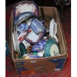 A box of pottery and china including C19th Imari Derby, nursery china and Gaudy Welsh.
