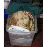 A large box of mixed textiles, curtains etc.