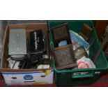 Two boxes of miscellaneous to include vintage cameras, alarm clocks, gas lamps, enamel bowl etc.