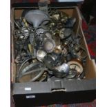 A box of assorted metalwares, brass, silver plate etc.