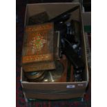 A boxed lot of collectables, decorative tins,