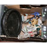 A box of ceramic figures along with lacquered bowl.