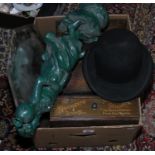 Box of collectables, wall mirror, spelter figure,