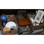 Three boxes of miscellaneous including silver plate, an oak cased canteen of cutlery,