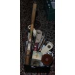 A box of miscellaneous collectables to include vintage tennis racket, bevel edge mirror,