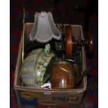 A box of miscellaneous to include fireside companion set, jam pan, oak biscuit barrels,