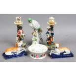 A mixed collection of Continental ceramics including a pair of Staffordshire style greyhound pen
