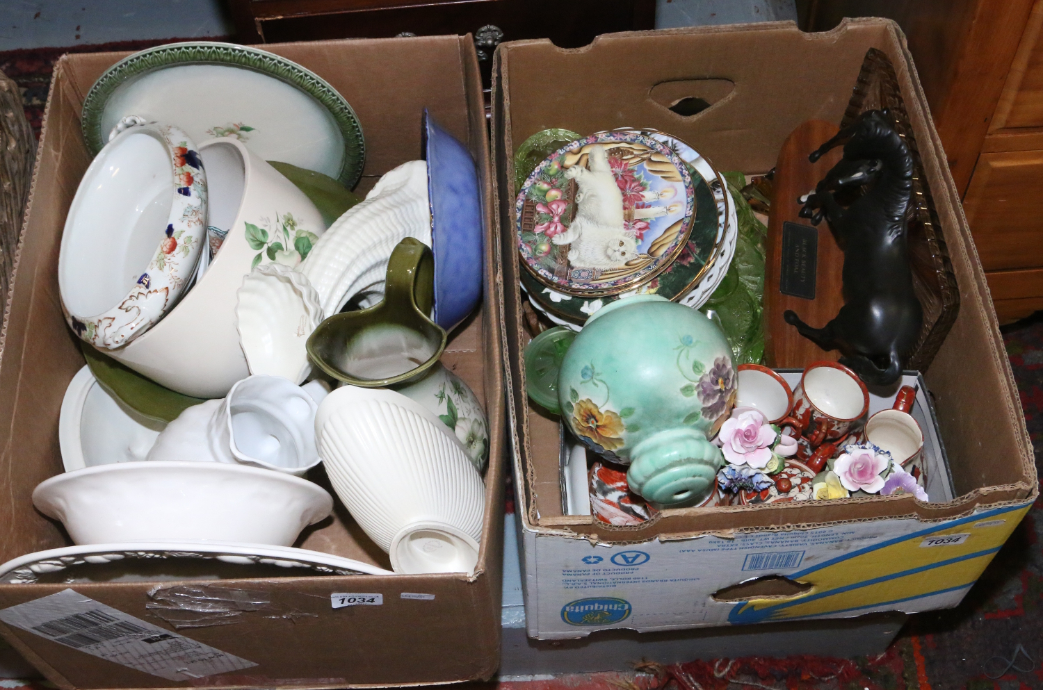 Two boxes of pottery, china and glassware including Spode, Beswick and a Japanese Kutani teaset.