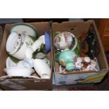 Two boxes of pottery, china and glassware including Spode, Beswick and a Japanese Kutani teaset.
