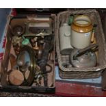 One box and a basket to include metalwares, wooden items and stoneware etc, including scouts belt,