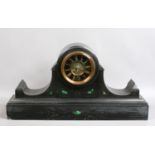 A Victorian black slate eight day mantel clock with black dial and inset with malachite.