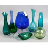 A collection of 1970s coloured art glass including a specimen vase with bubble inclusions.