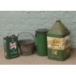 A vintage 5 gallon Castrol oil can, another Castrol oil can and two other vessels.