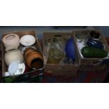 Three boxes of mixed glasswares and pottery including West German examples, Lamp bases,