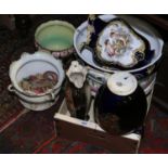 A quantity of large antique decorative pottery items including jug & bowl,