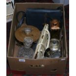 A box of miscellaneous and collectables including vintage handbags, silver plate and decanters etc.