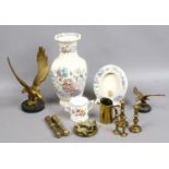 A group of decorative brass items and ceramics including Royal Crown Derby, Masons, trench art etc.