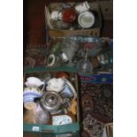 Three boxes of mixed glasswares and pottery including tourist wares, crested wares, Crown Ducal etc.